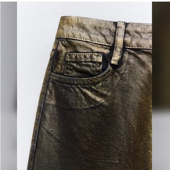 Zara Black and Metallic Gold HIGH WAIST Z1975 STRAIGHT LEG FOIL JEANS - Picture 10 of 11